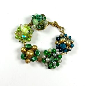 Vintage 1950s Cluster Bead Bracelet Emerald Green Blue Lime Glass Mid-Century